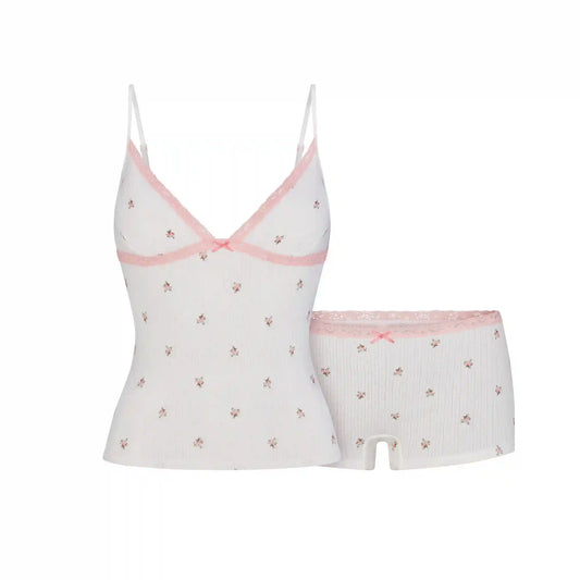LIGHTWEIGHT COTTON POINTELLE LACE CAMI AND BOY SHORT SET