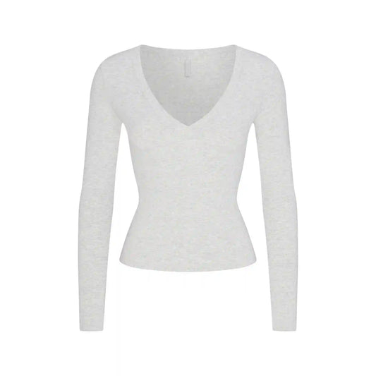 COTTON JERSEY V NECK LONG SLEEVE TOP