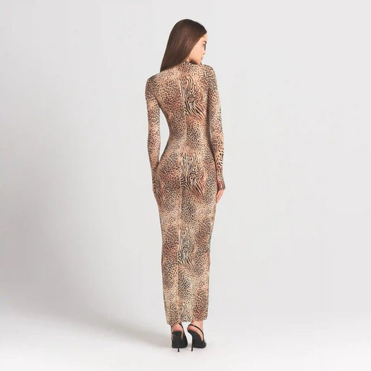 MILKY SHEER MOCK NECK LONG SLEEVE LONG DRESS