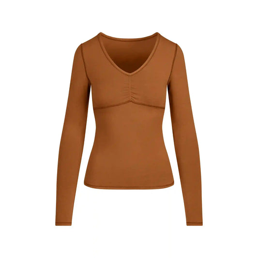 COTTON JERSEY SHIRRED BUST LONG SLEEVE