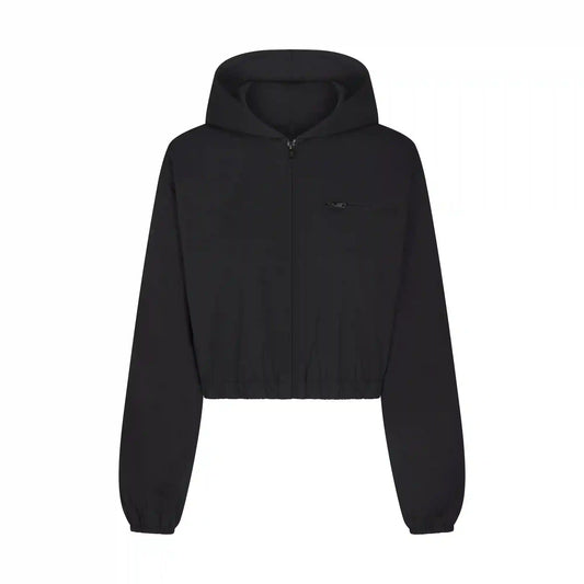 WOVEN COTTON CROPPED ZIP UP JACKET
