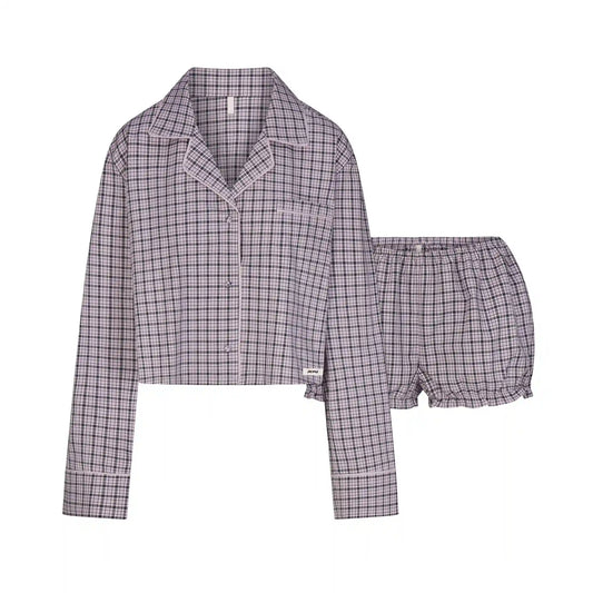 COTTON POPLIN SLEEP CROPPED BUTTON UP AND BLOOMER SET