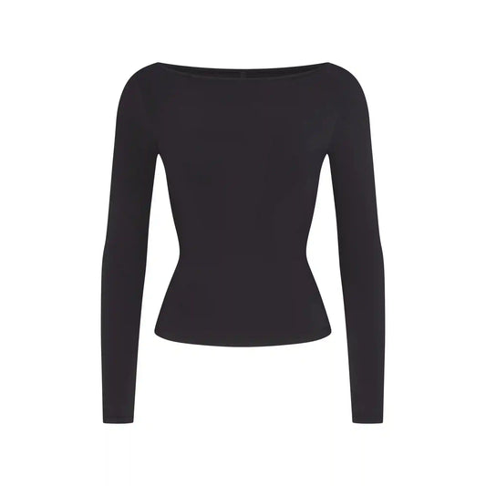 COTTON JERSEY LONG SLEEVE BOATNECK TOP