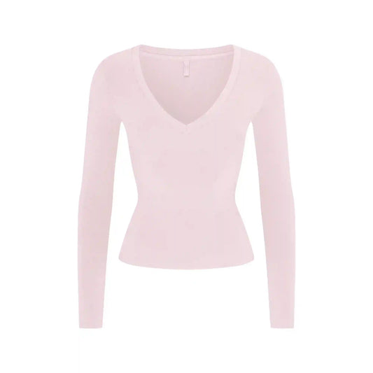COTTON JERSEY V NECK LONG SLEEVE TOP
